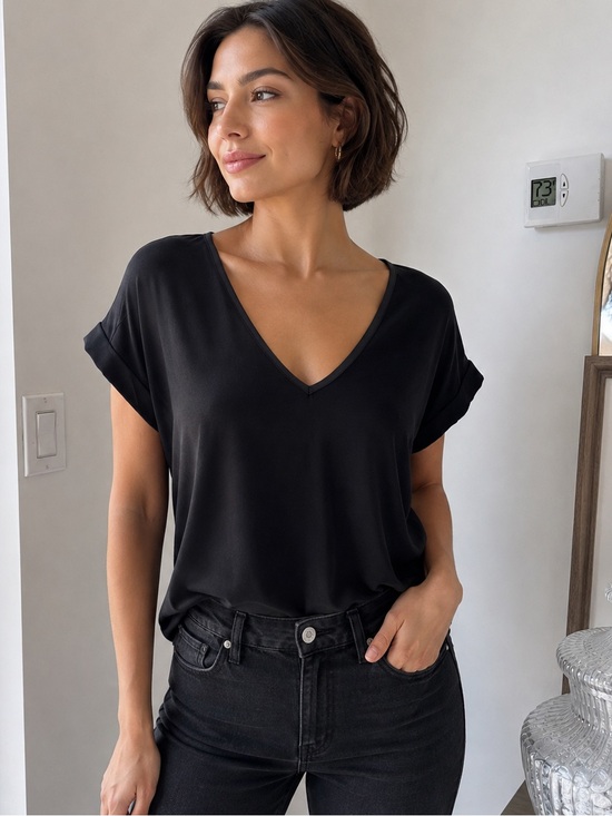 Express Tops - Express Black V-Neck Short Sleeve Blouse